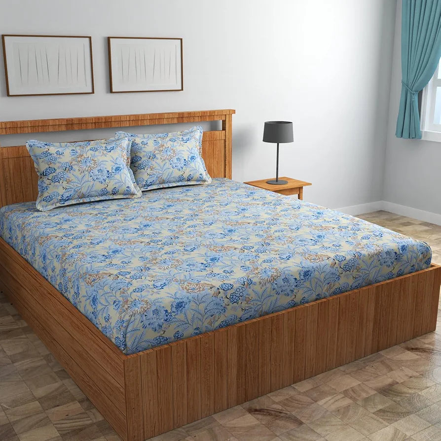 Homefab India 160 TC Glace Cotton Double BedSheet with 2 Pillow Covers -  - Light Blue, Floral